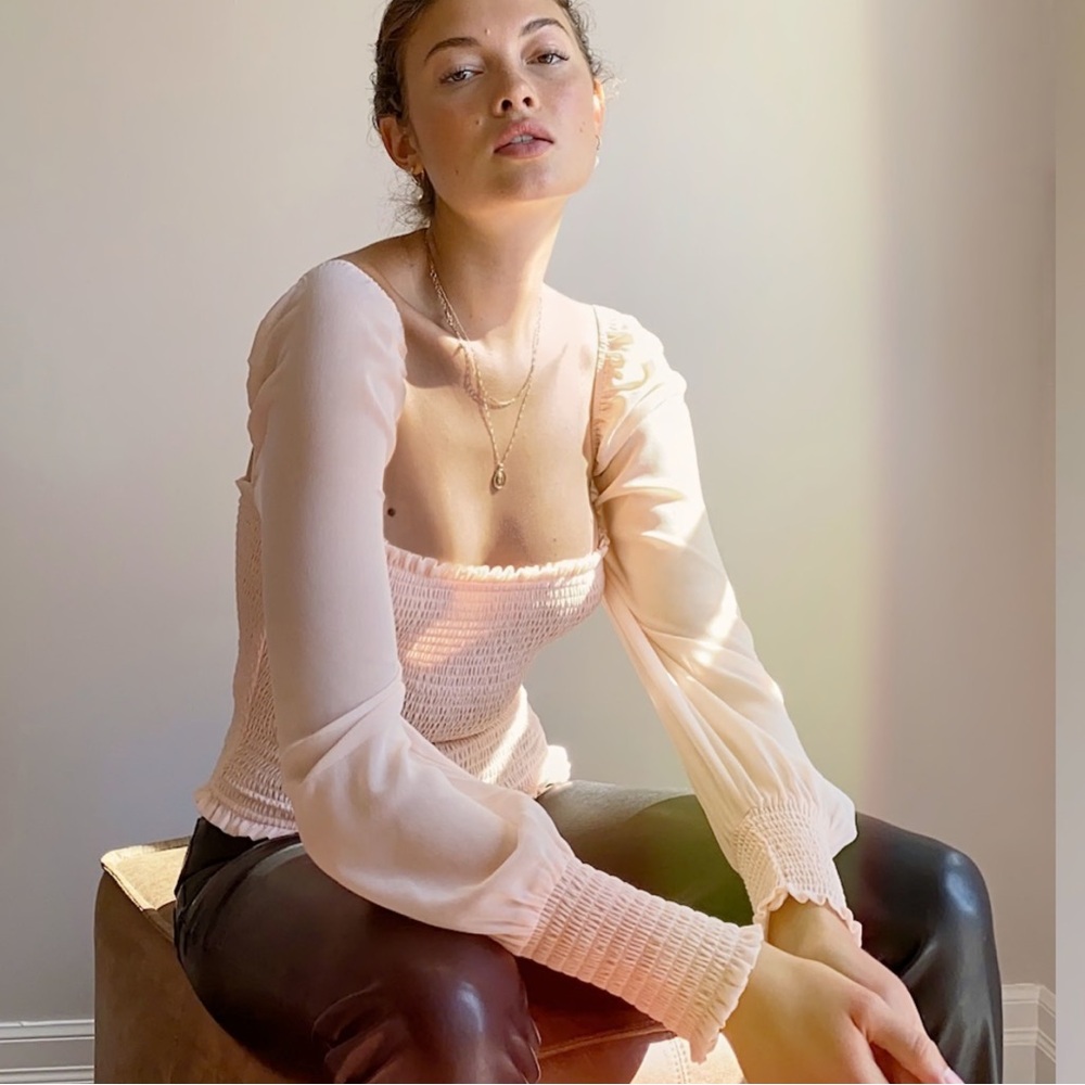 Wilfred Aritzia BlushPink Saga Riches Sheer Sleeves Smocked Ruffle Blouse Size S
